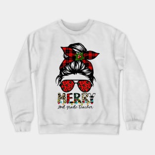 Merry 2nd Grade Teacher Messy Bun Merry Christmas Crewneck Sweatshirt